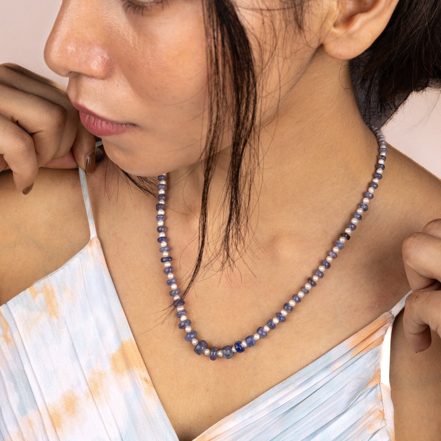 blue beads gemstone necklace