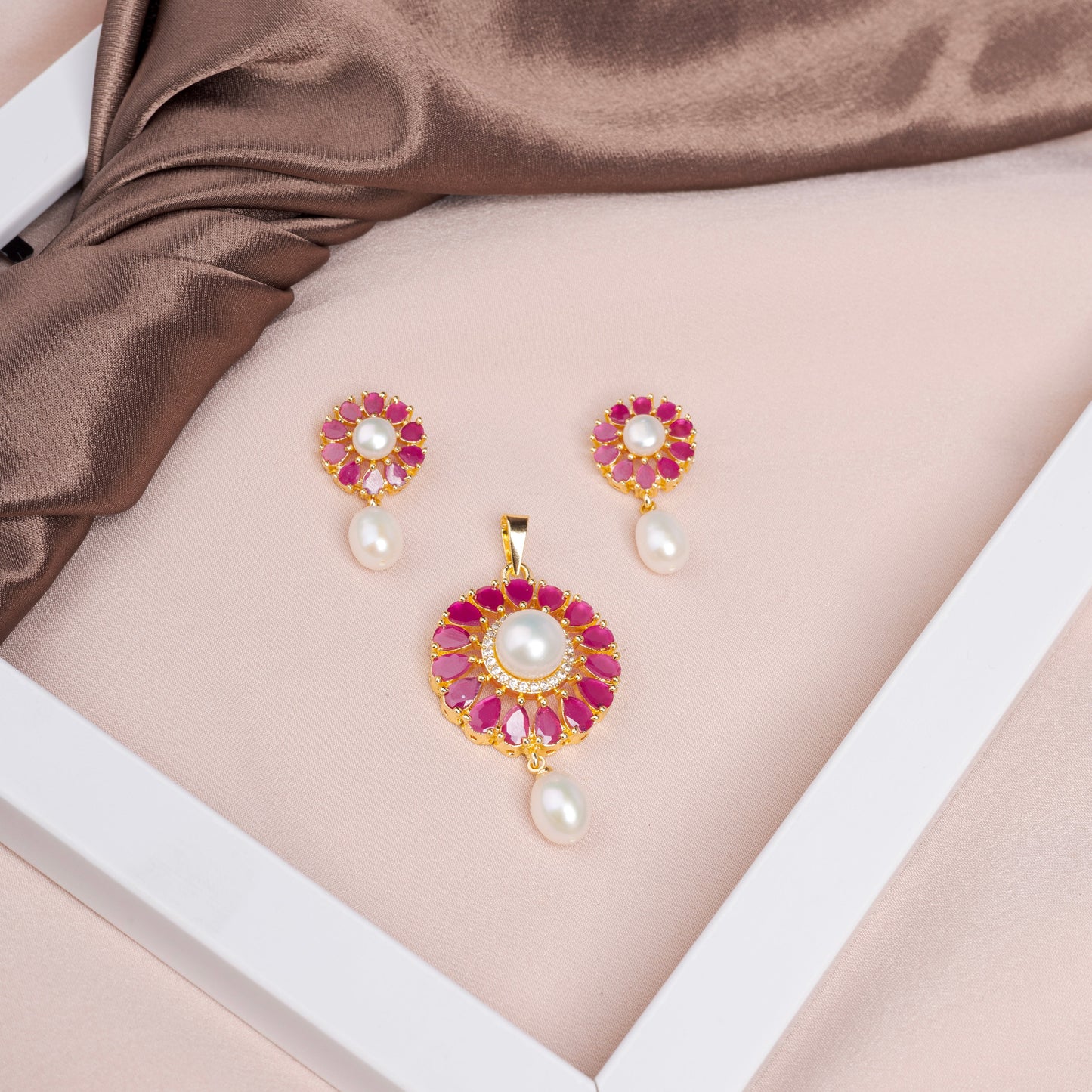 Ruby pearl drop locket set