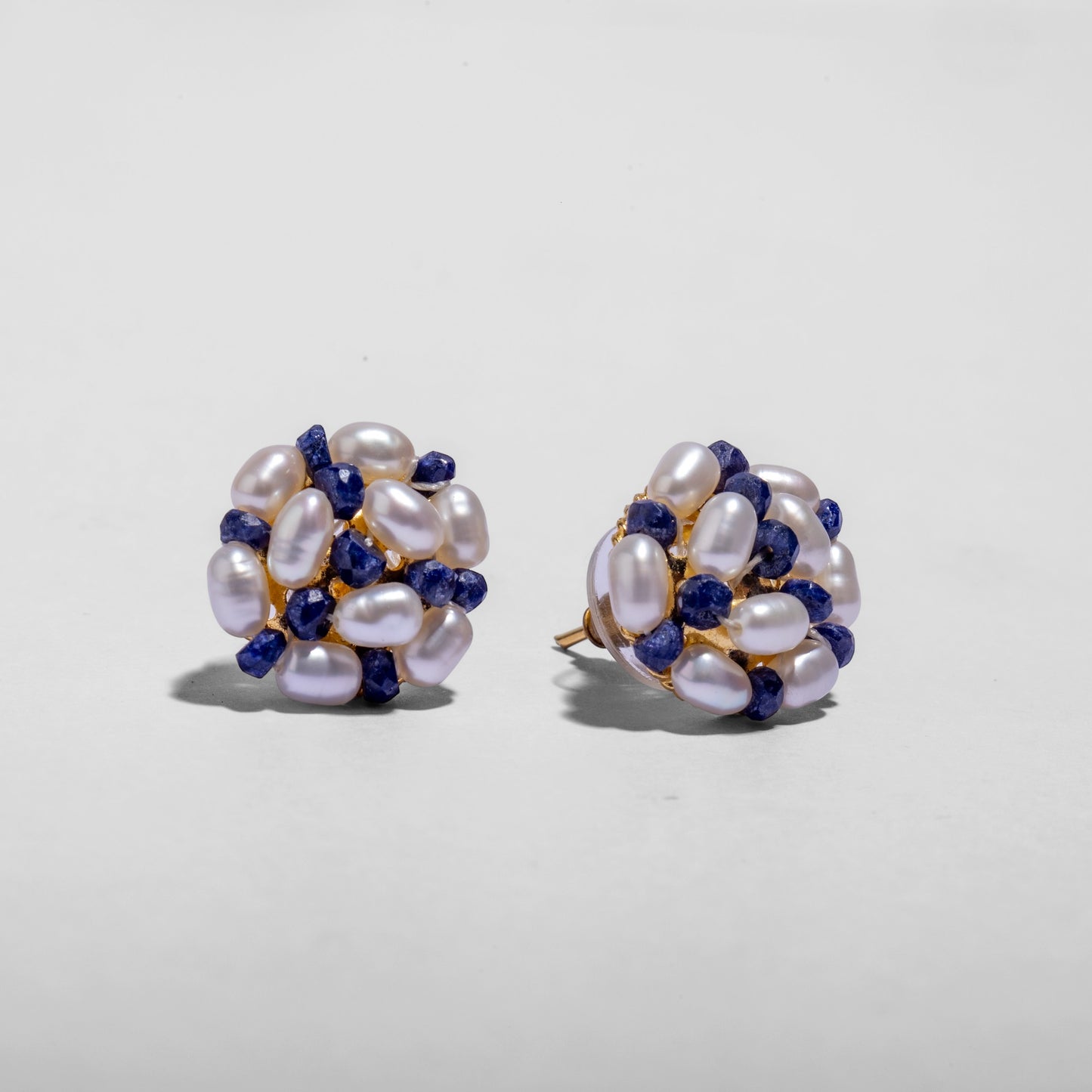 Rice Pearl Stud earrings with blue sapphire stones