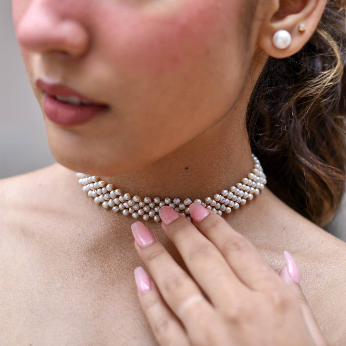 Handwoven pearl choker necklace