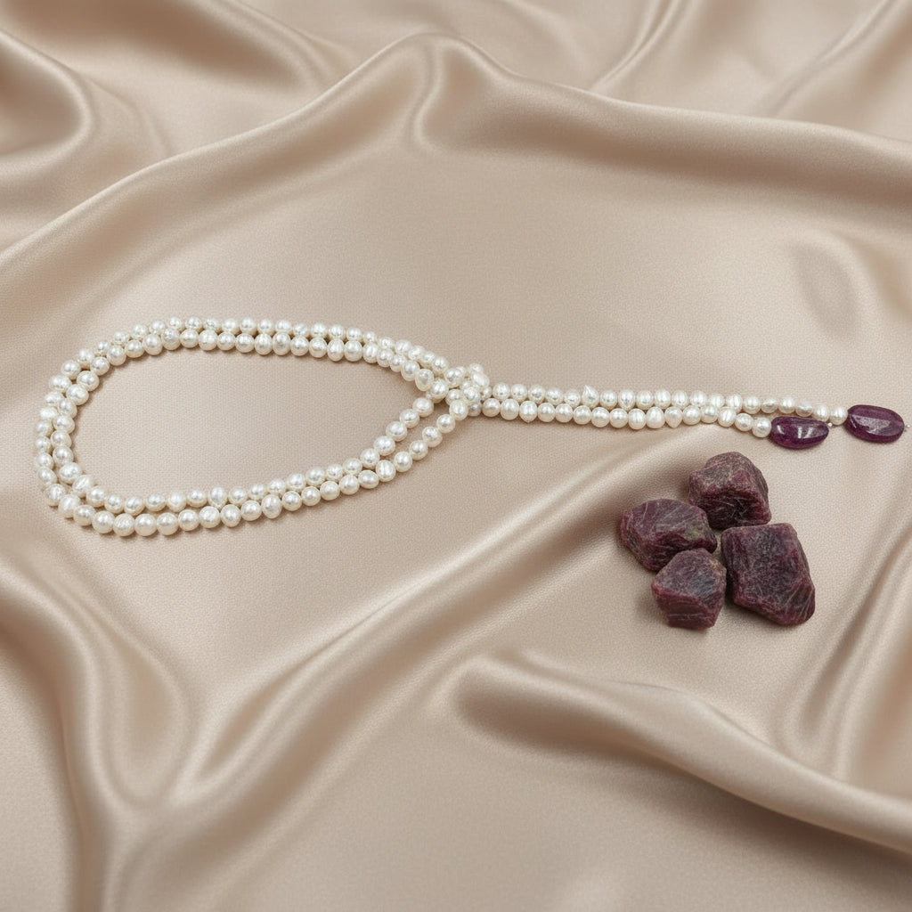 Legacy Ruby Pearl Tie Necklace featuring genuine freshwater baroque pearls and natural ruby gemstones displayed in a premium flat lay for weddings, festive occasions and gifting.