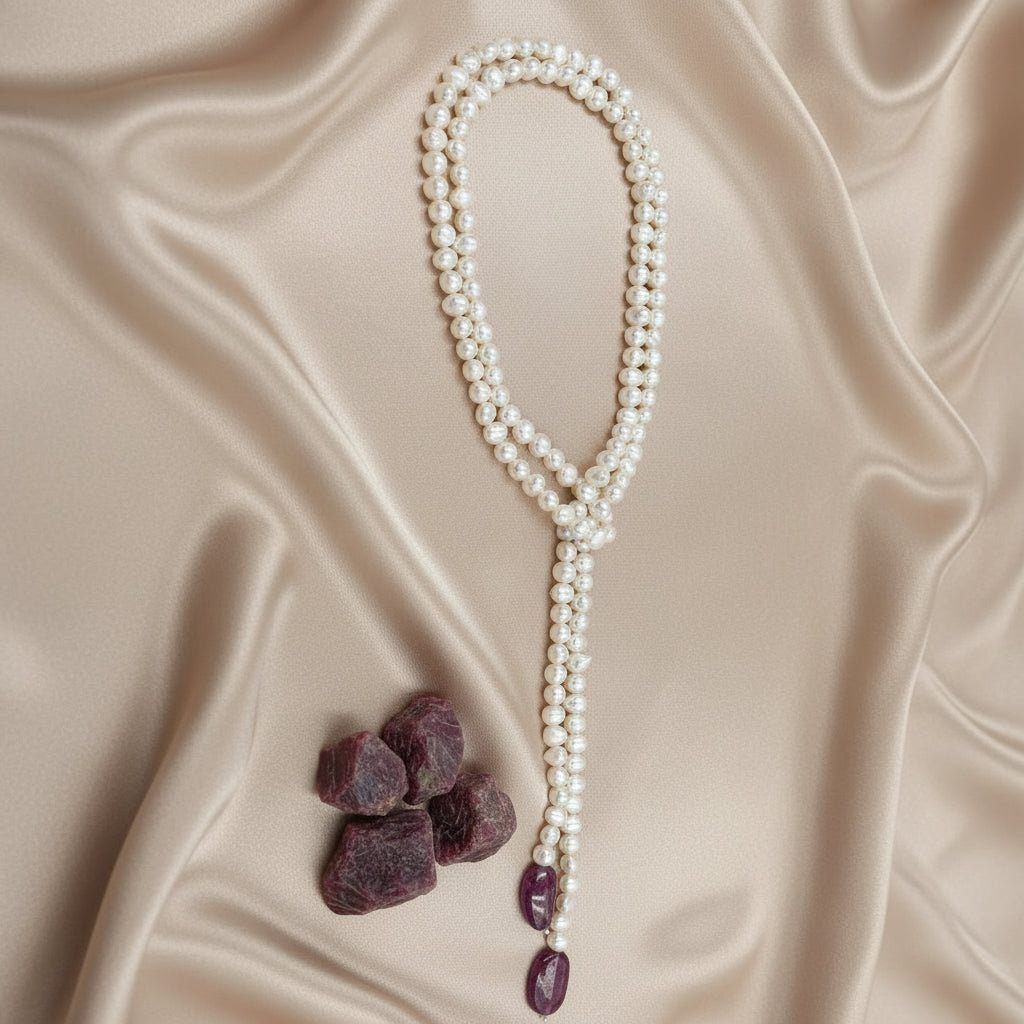 Legacy Ruby Pearl Tie Necklace featuring genuine freshwater baroque pearls and natural ruby gemstones displayed in a premium flat lay for weddings, festive occasions and gifting.