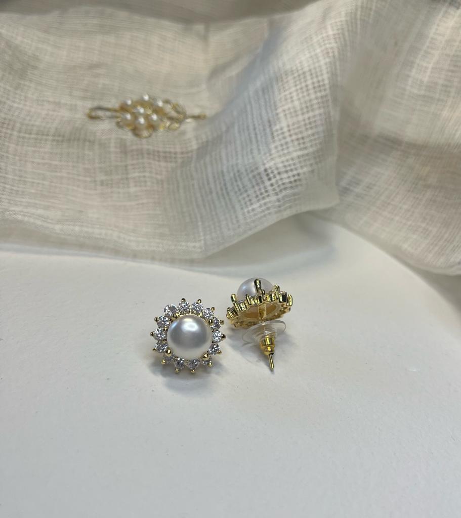 Pearl studs gold earrings