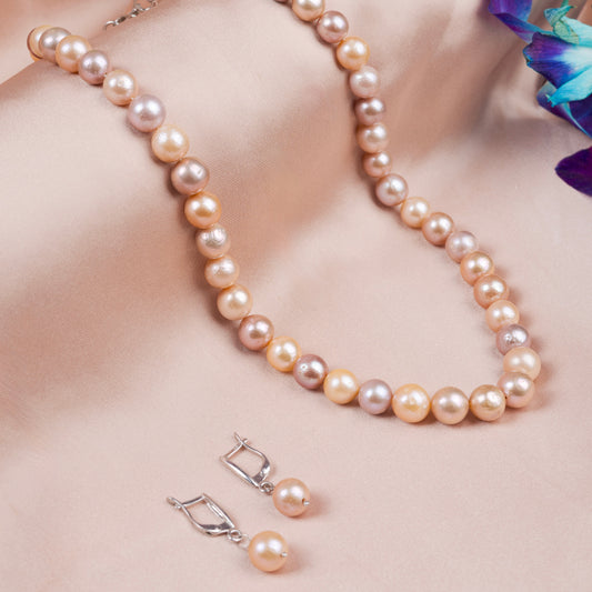 Pink pearl Pearl necklace set with earrings