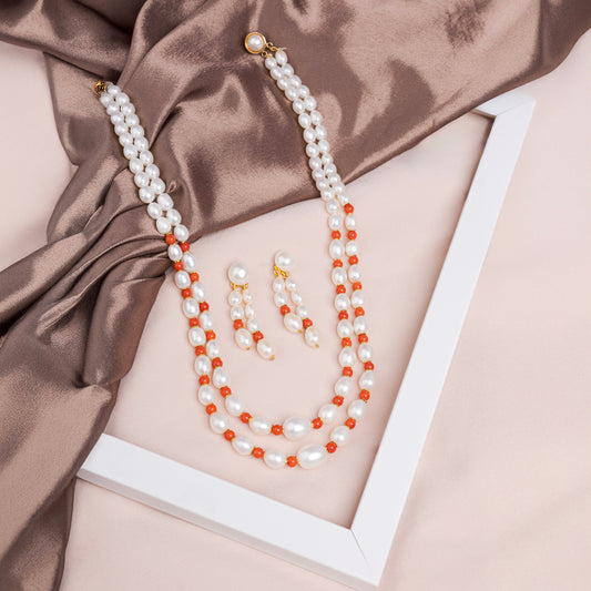 Coral pearl neclace set with earrings