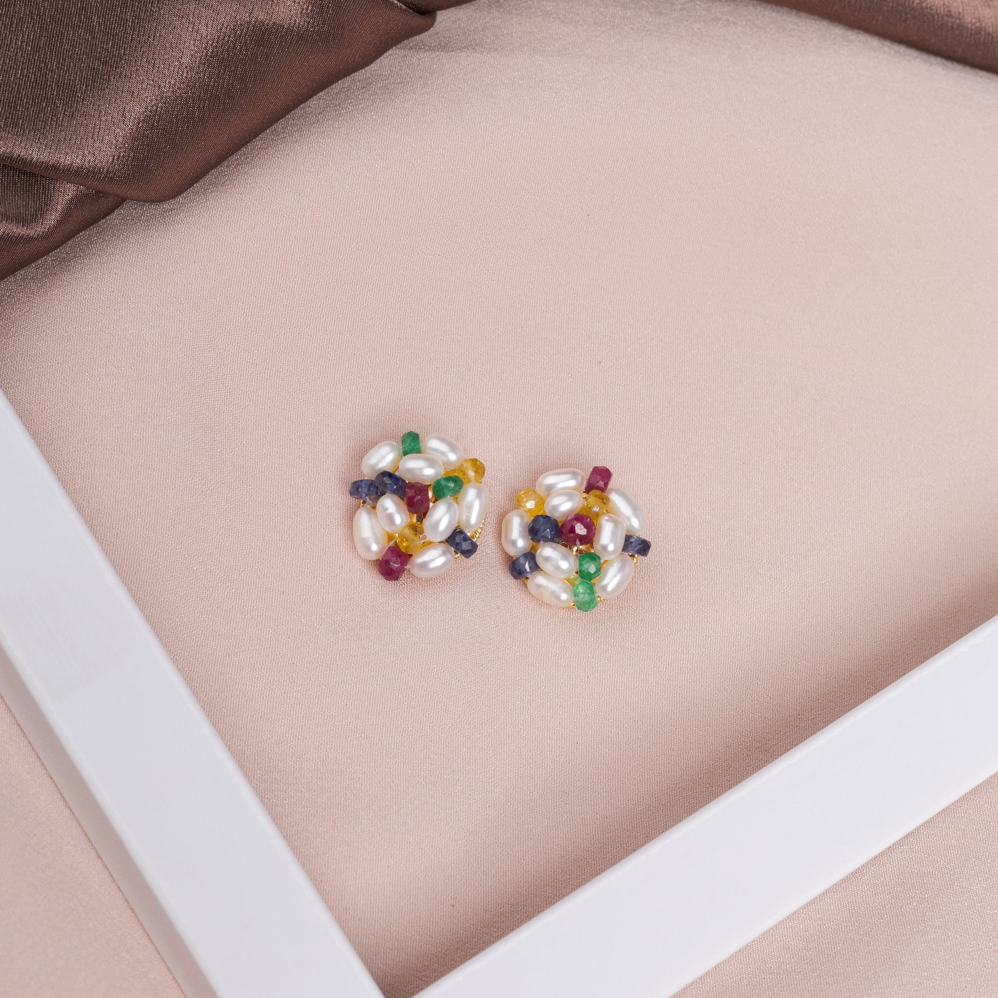 Multicolored gemstone pearl studs 