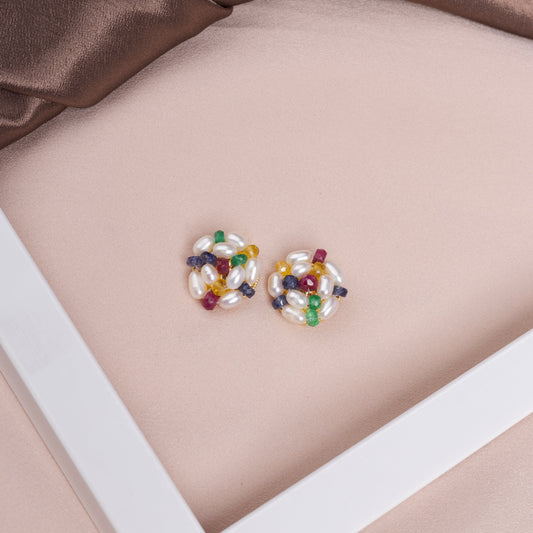 Multicolored gemstone pearl studs 