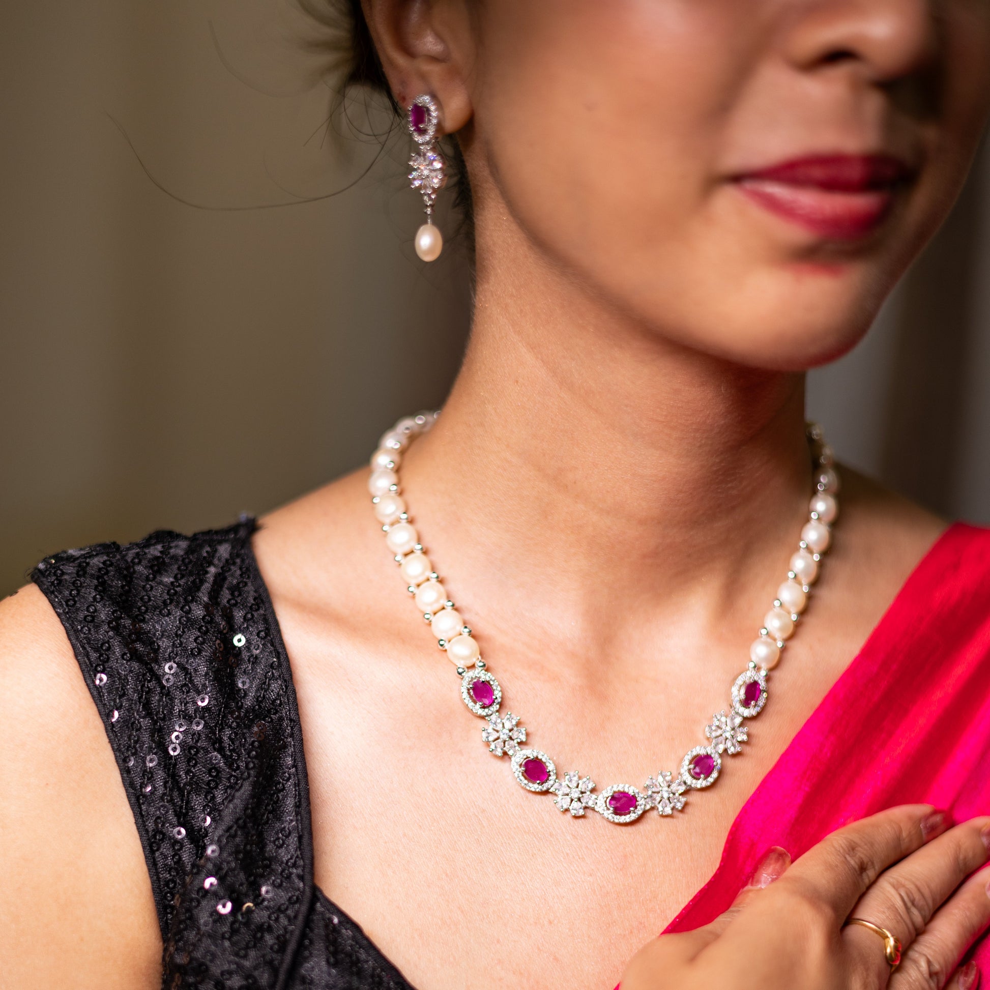 Ruby pearl diamond necklace set