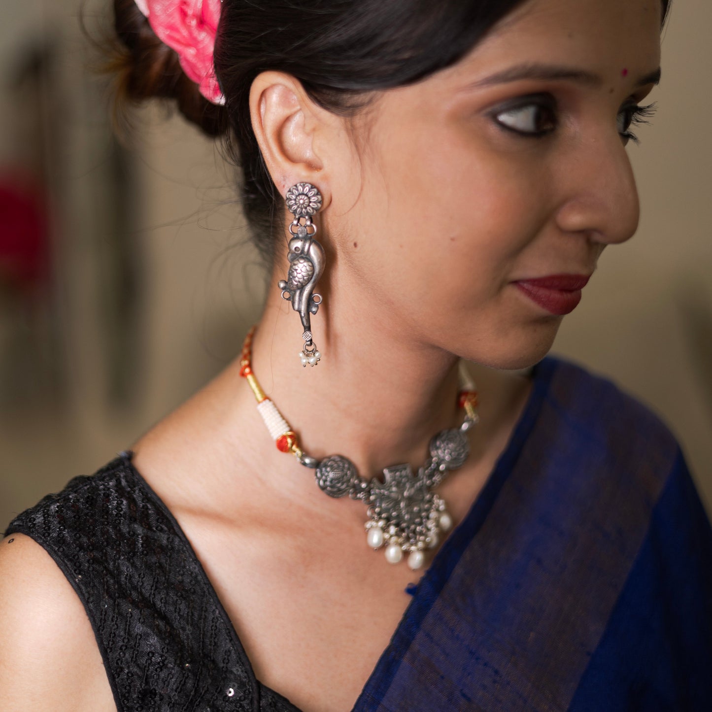 92.5 silver choker necklace with pearl drops