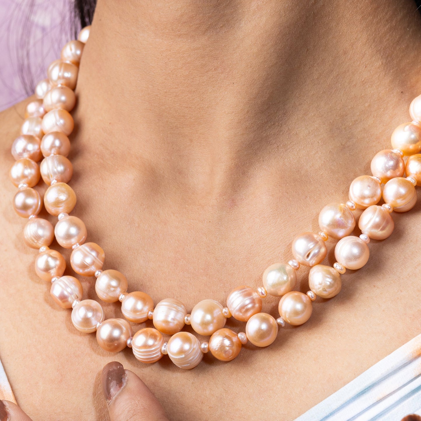 double layer peach pearl necklace