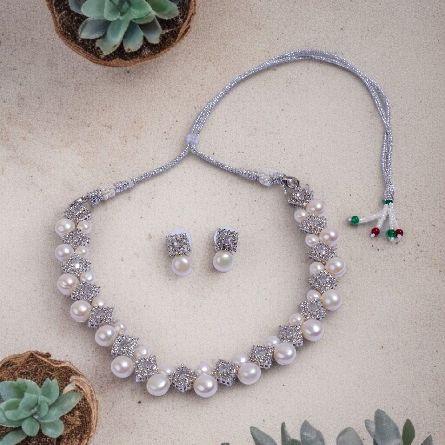 Pearls with diamonds short necklace set