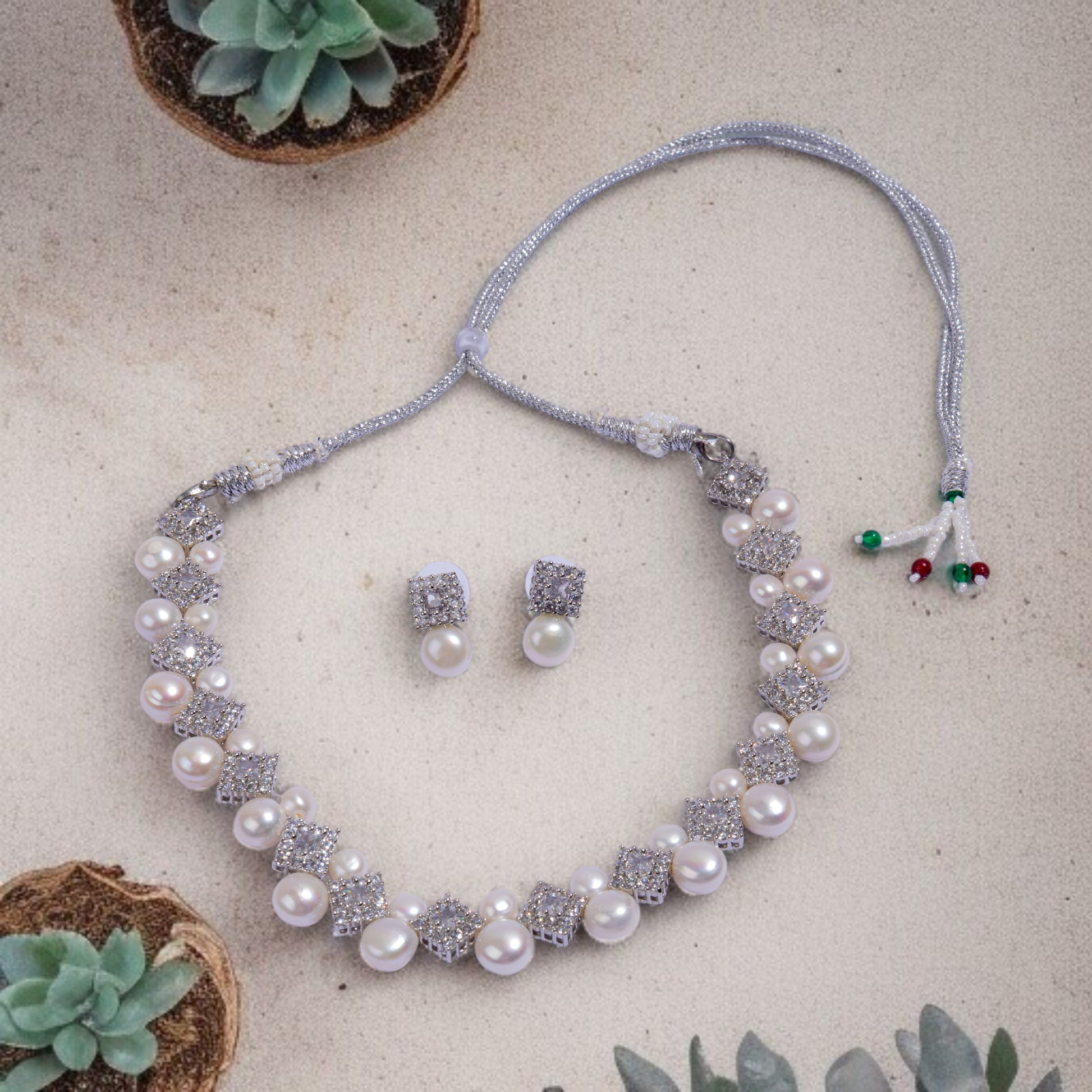Pearls with diamonds short necklace set