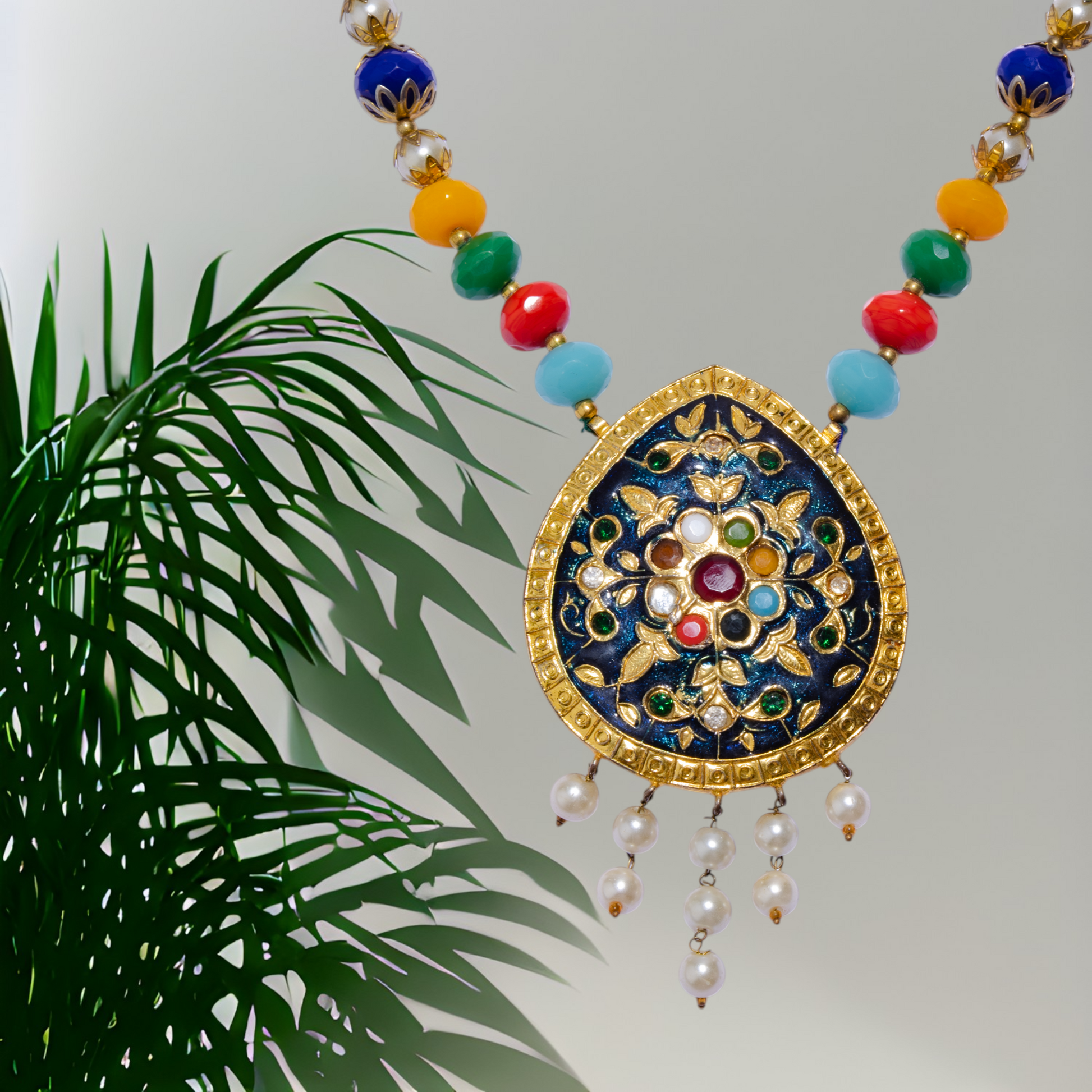 Multicolor navratan beaded necklace set  with a big pendant 