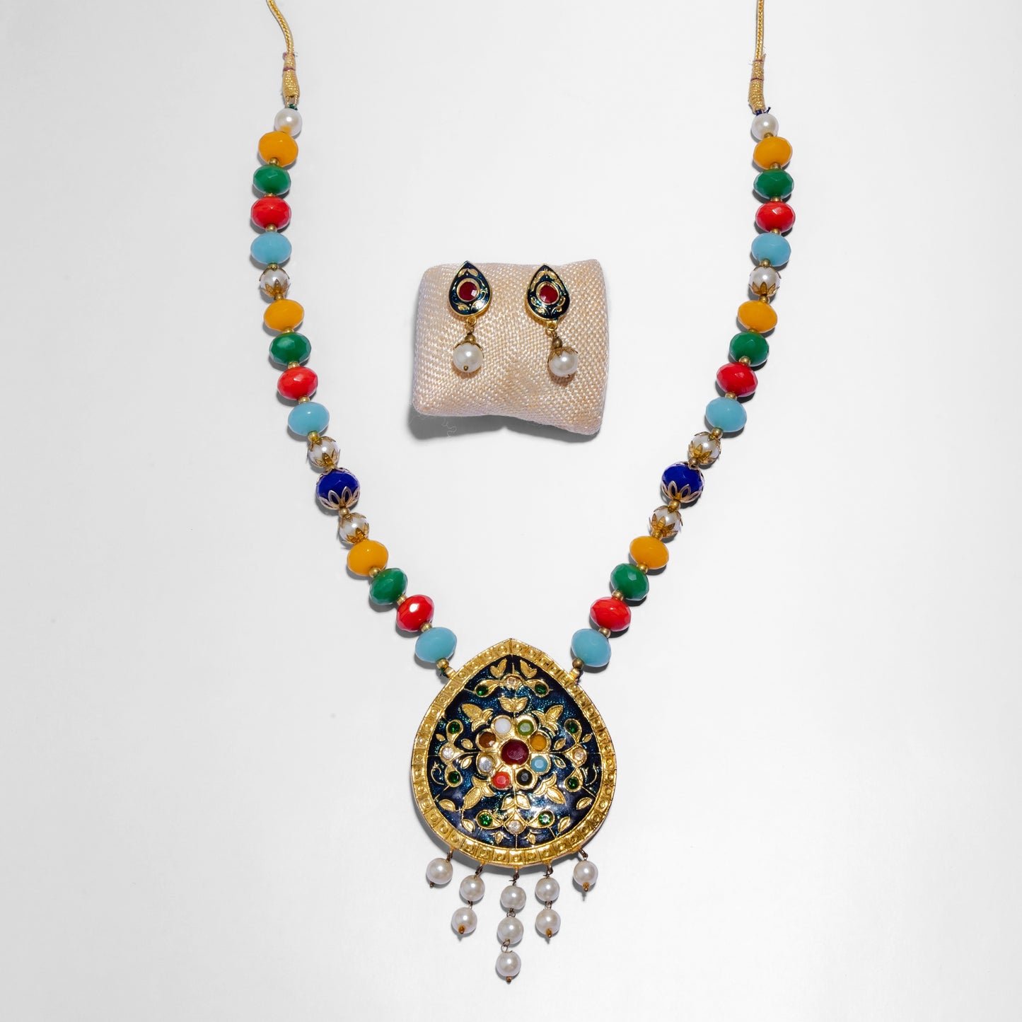 Multicolor navratan beaded necklace set  with a big pendant 