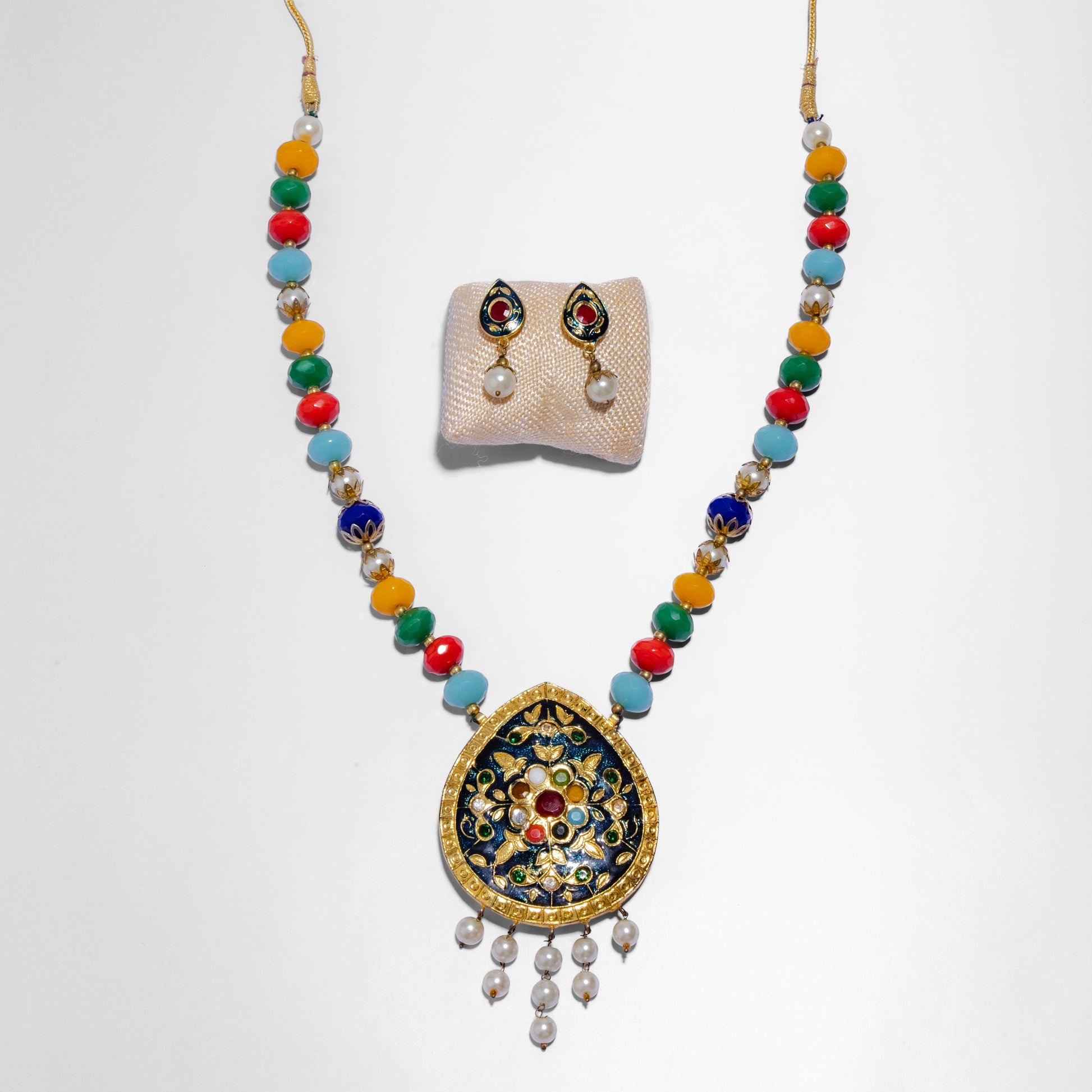 Multicolor navratan beaded necklace set  with a big pendant 