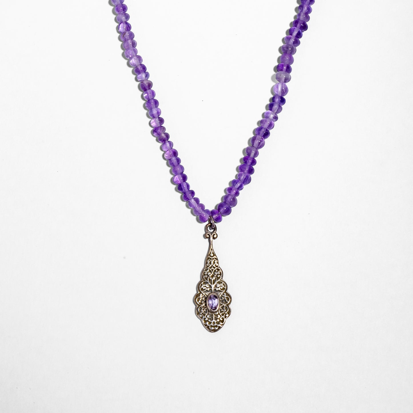 Amethyst beaded necklace with silver pendant