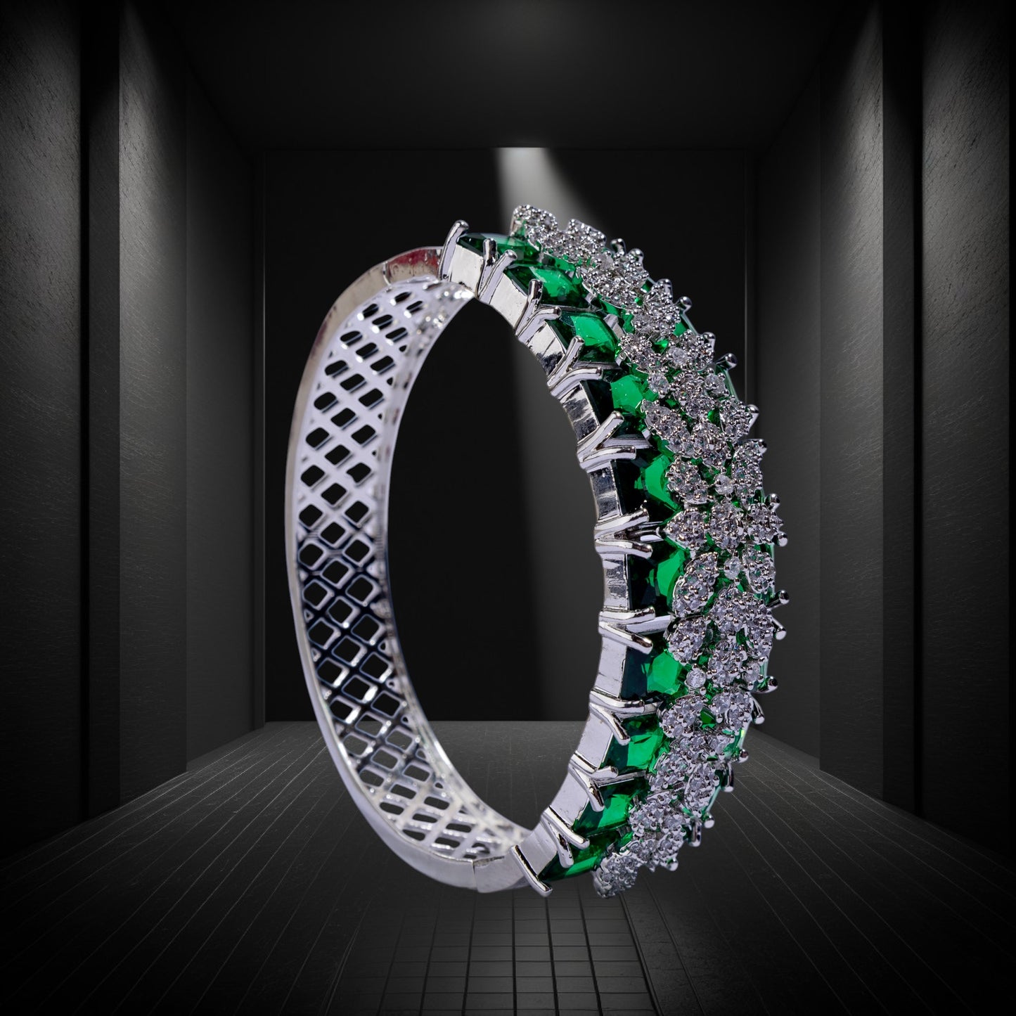 Diamond emerald green cuff kada bracelet