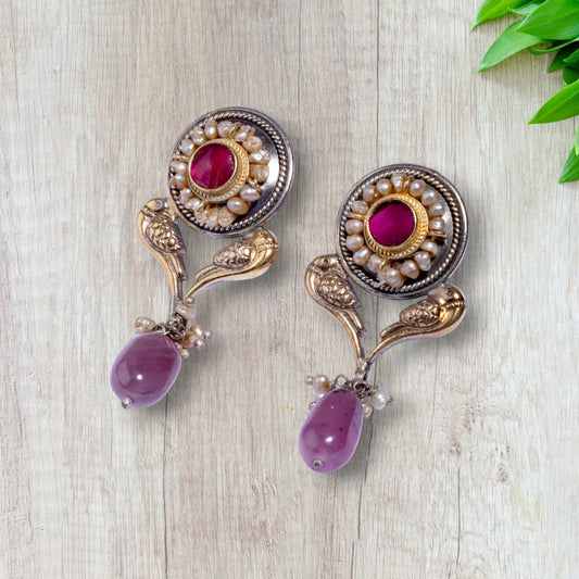 Silver beaded earrings with ruby and pearls