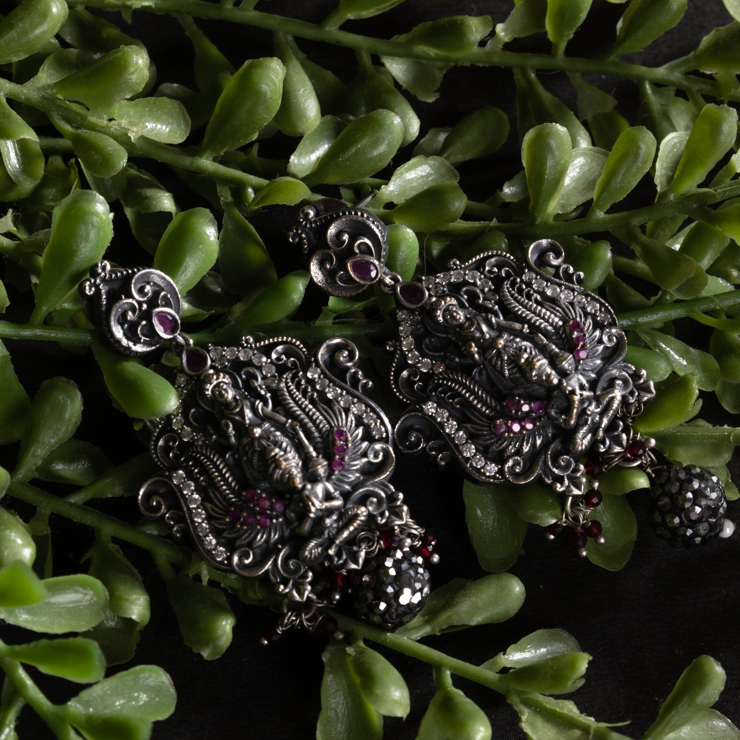 Long Ornate silver earrings with gemstones 