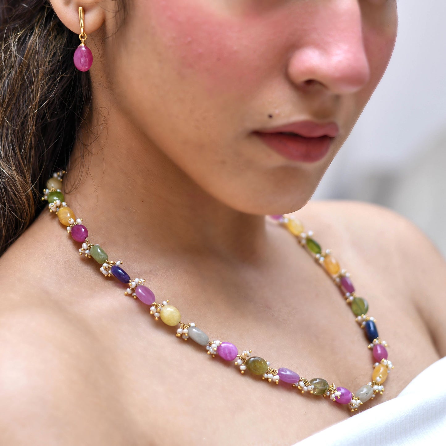 Real gem stones colorful beaded necklace and earrings 