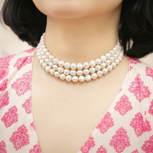 Woman wearing classic triple strand genuine freshwater pearl choker.