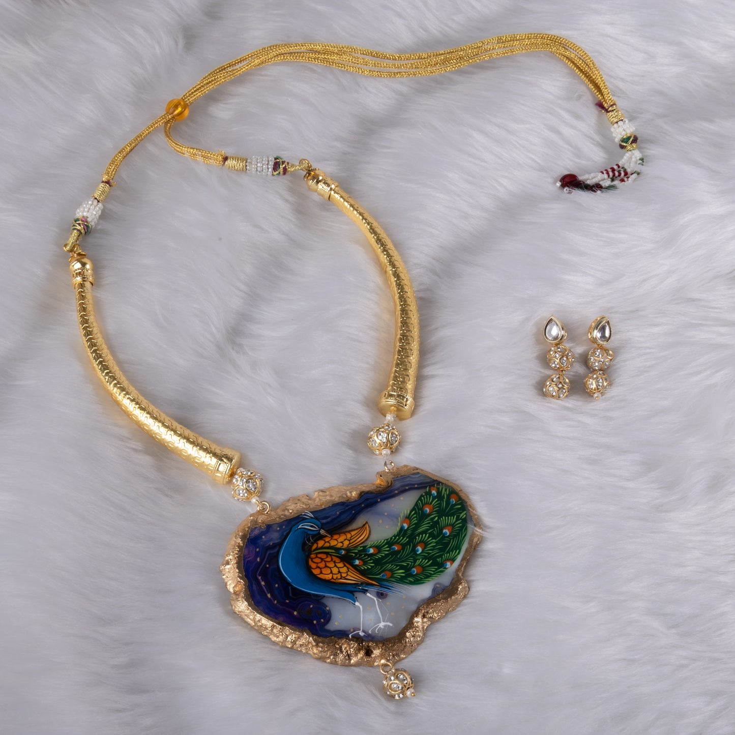Handpainted NAtural Stone Hasli Necklace set with peacock design