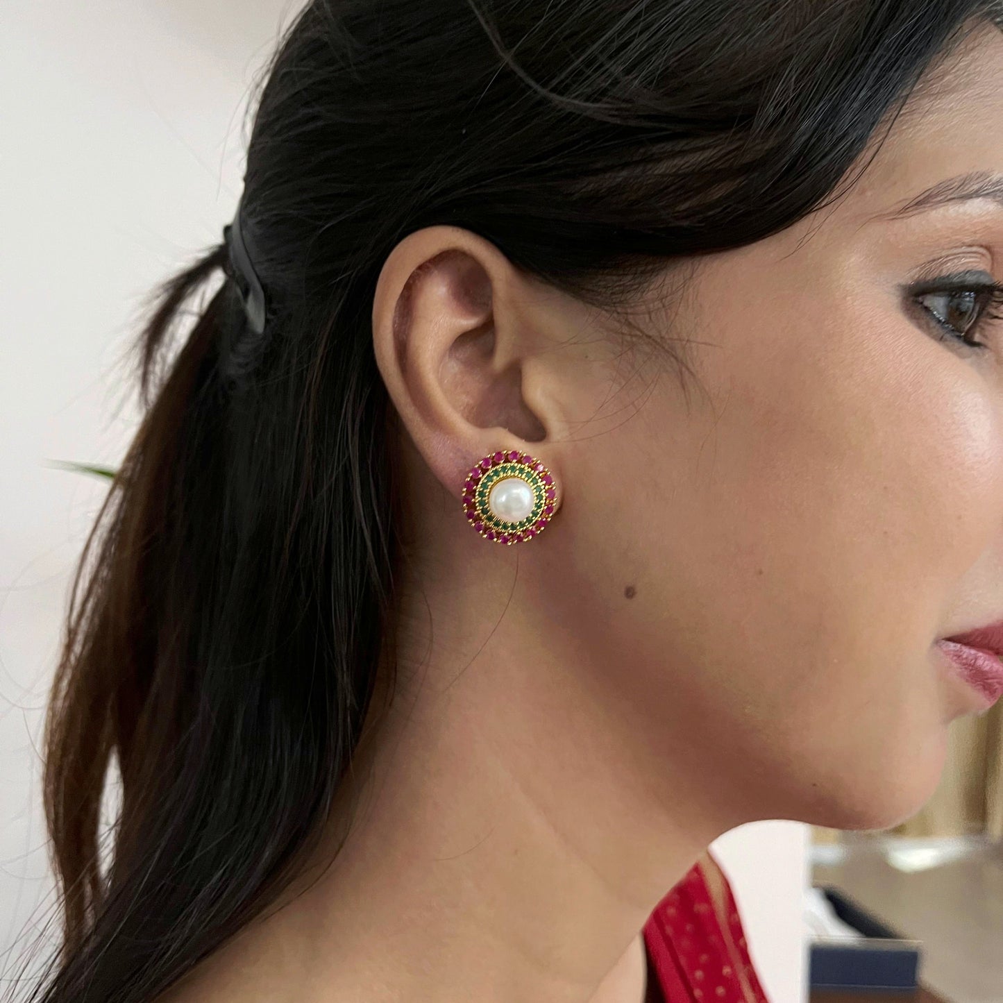 Ruby pearl stud earrings