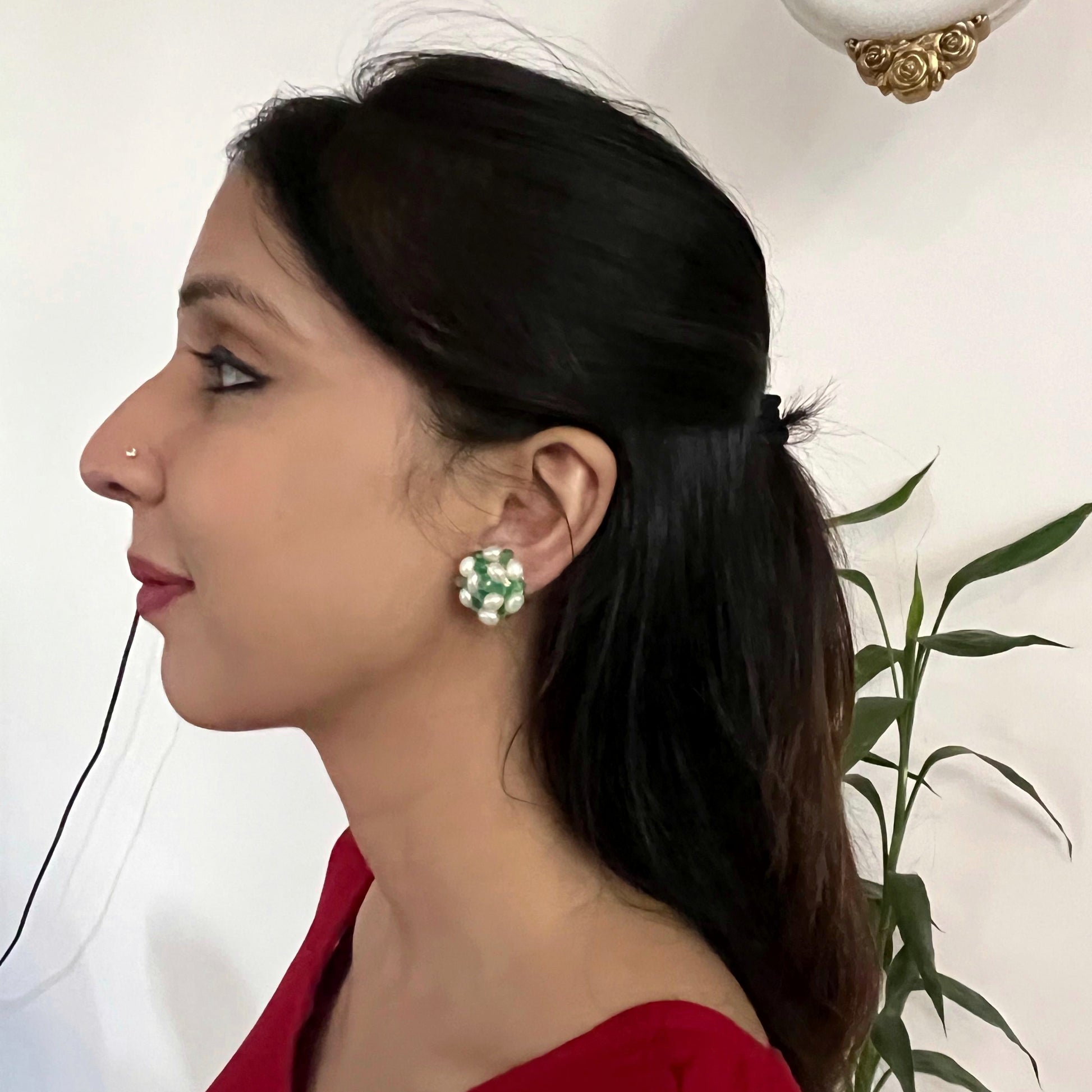 Rice pearl Emerald Studs