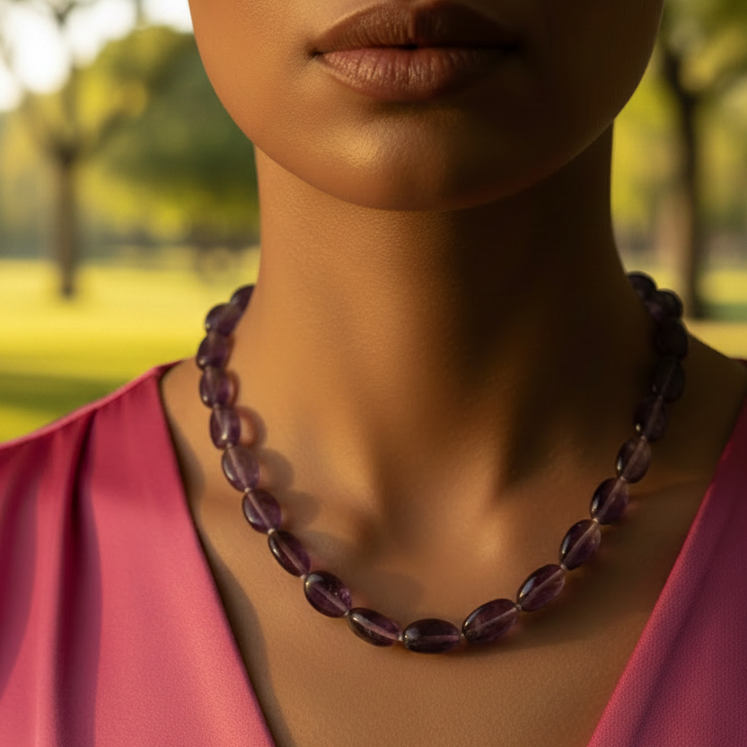 Close-up of polished natural amethyst gemstones showcasing their rich violet hues and freeform bead shape.