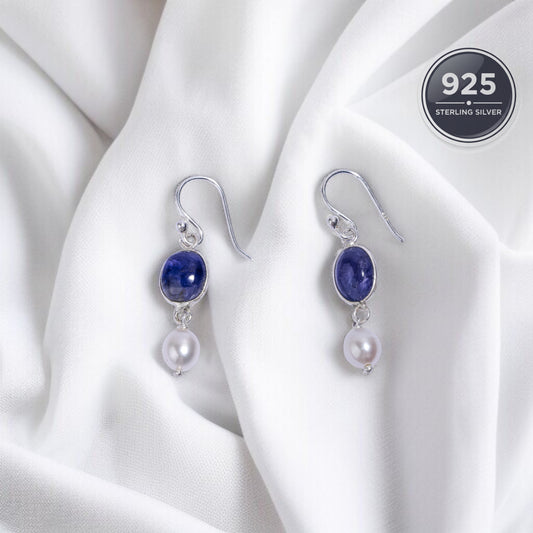 Silver earrings with blue tanzanite gemstones and pearls 