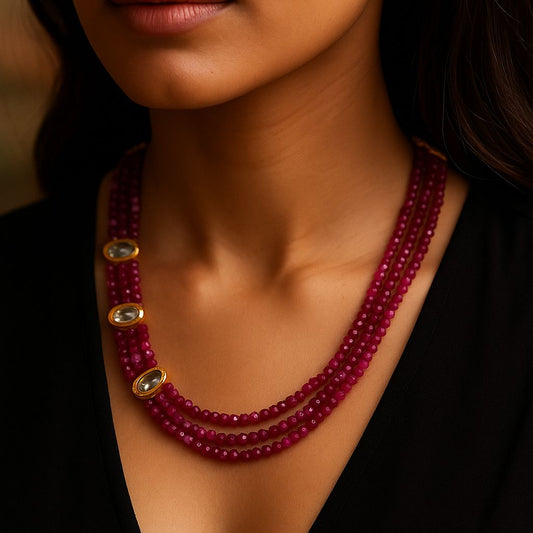 Ruby beaded necklace with gold kundan 