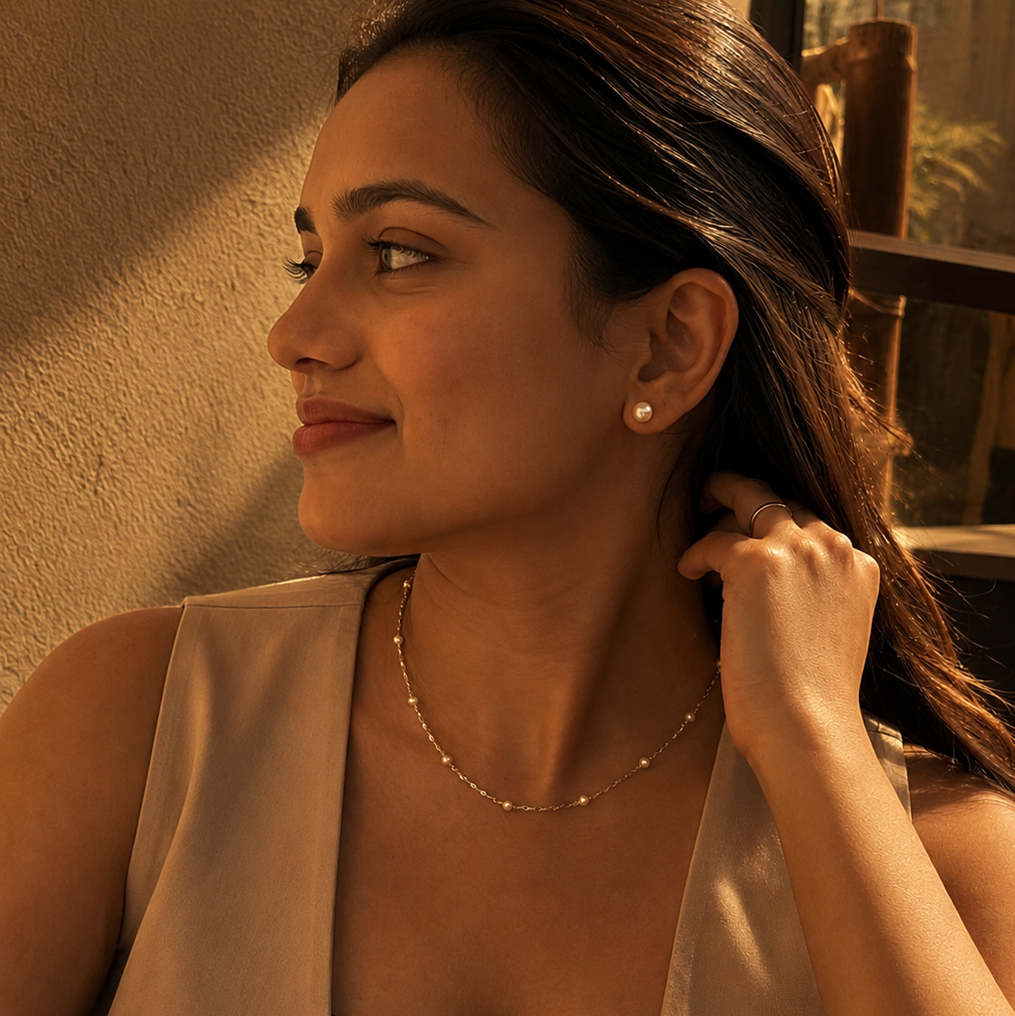 Model wearing the Aurea 925 Sterling Silver Pearl Chain handcrafted with genuine freshwater pearls and a twisted sterling silver chain, styled for office wear and everyday elegance.