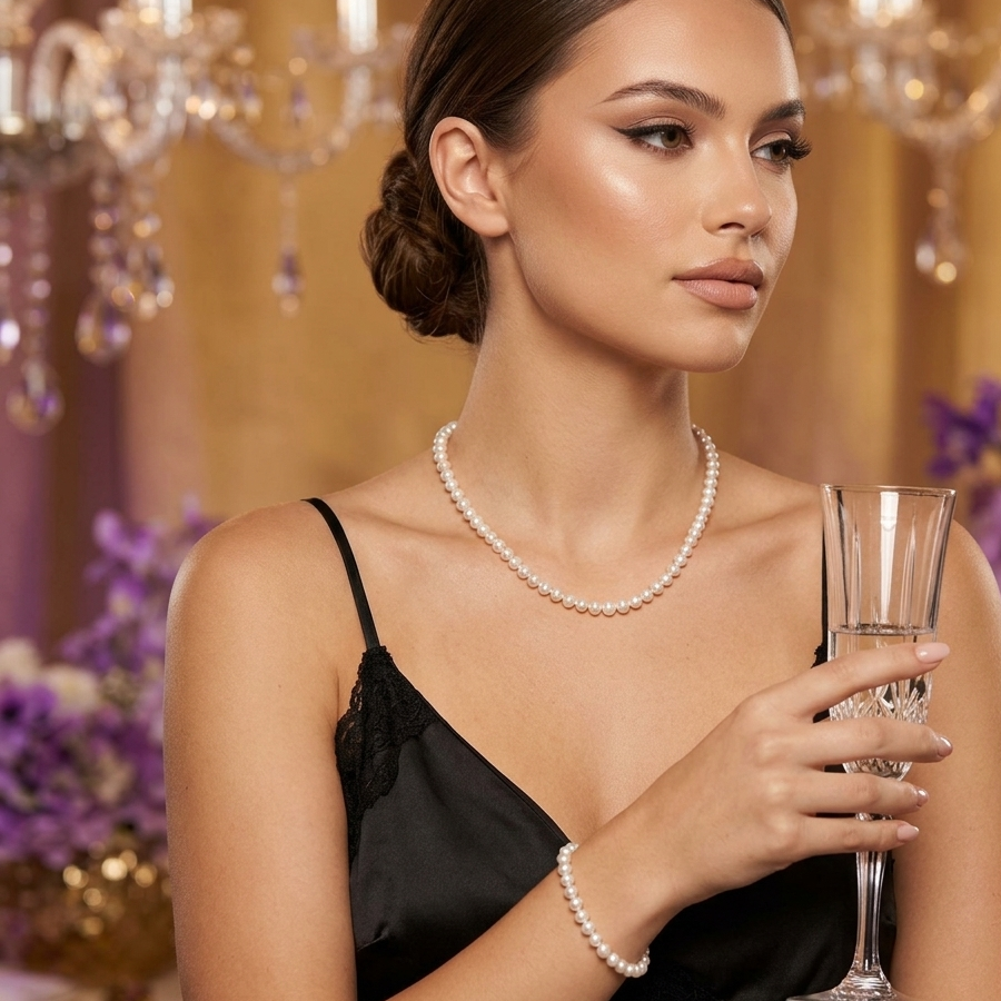 Young model wearing the Bella Freshwater Pearl Necklace styled with a matching pearl bracelet.