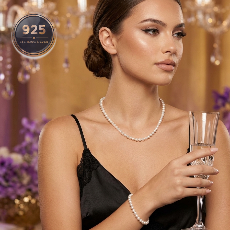 Young model wearing the Bella Freshwater Pearl Necklace styled with a matching pearl bracelet.