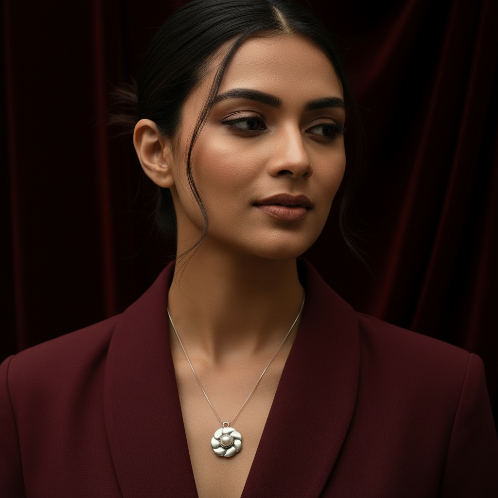 Woman wearing the Bloom Pearl Pendant in 925 sterling silver with a genuine freshwater pearl.