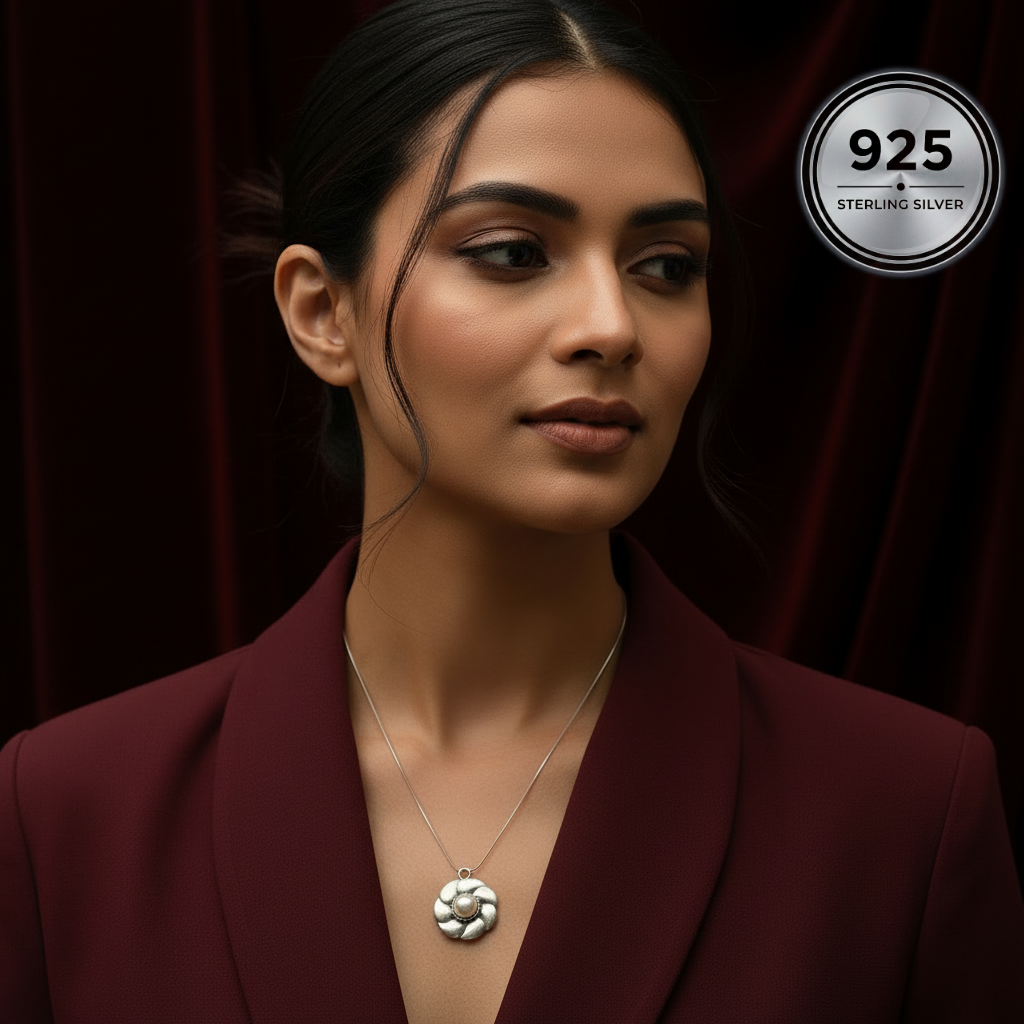 Woman wearing the Bloom Pearl Pendant in 925 sterling silver with a genuine freshwater pearl.