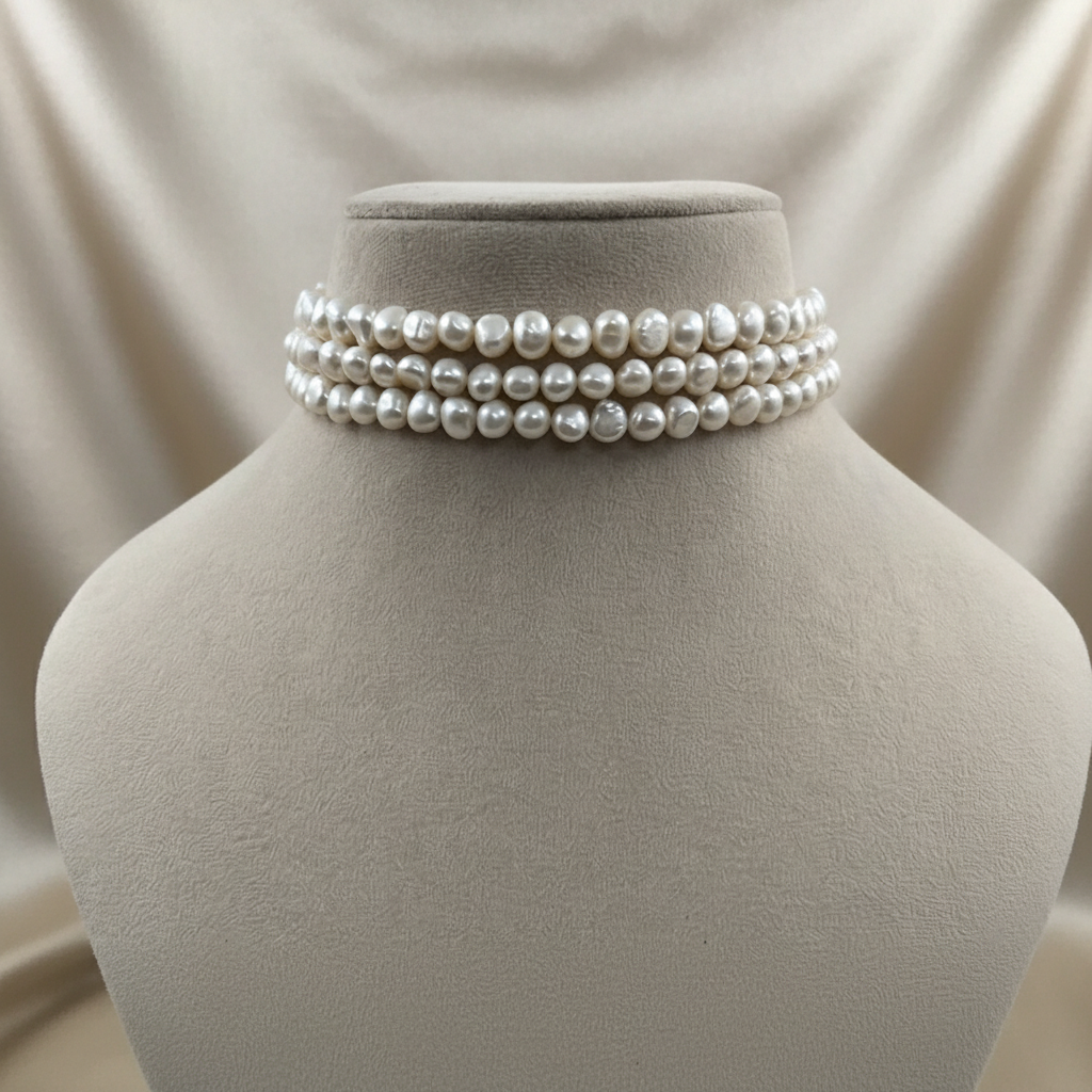 CLasic triple strand genuine white freshwater pearl choker with adjustable dori closure.