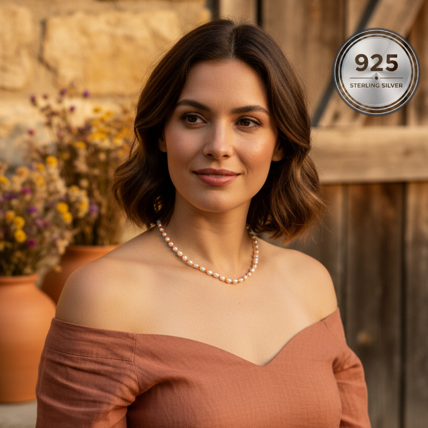 Model wearing the Coraline Freshwater Pearl Necklace handcrafted with genuine freshwater pearls and natural coral beads.