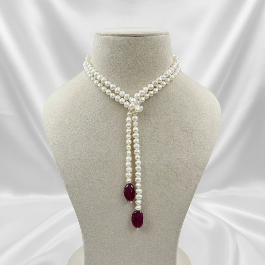 Legacy Ruby Pearl Tie Necklace handcrafted with genuine freshwater baroque pearls and natural oval ruby gemstones, an elegant necklace for weddings, festive occasions and gifting.