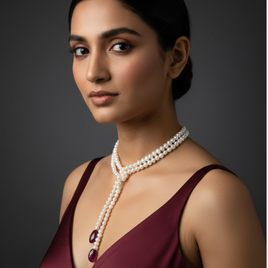 Woman wearing the Legacy Ruby Pearl Tie Necklace handcrafted with genuine freshwater baroque pearls and natural ruby gemstones, perfect for festive occasions, weddings and elegant office wear.