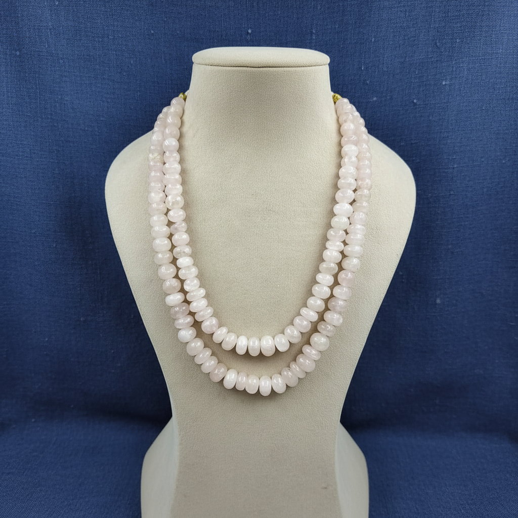 Serenity Rose Quartz Necklace handcrafted with natural blush pink Rose Quartz gemstones displayed on a jewellery bust for elegant office wear, weddings and festive occasions.