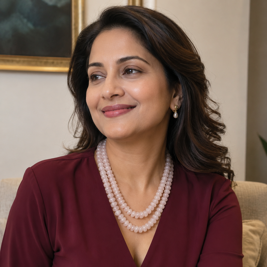 Woman wearing the Serenity Rose Quartz Necklace handcrafted with natural blush pink Rose Quartz gemstones for business meetings, weddings and elegant occasions.