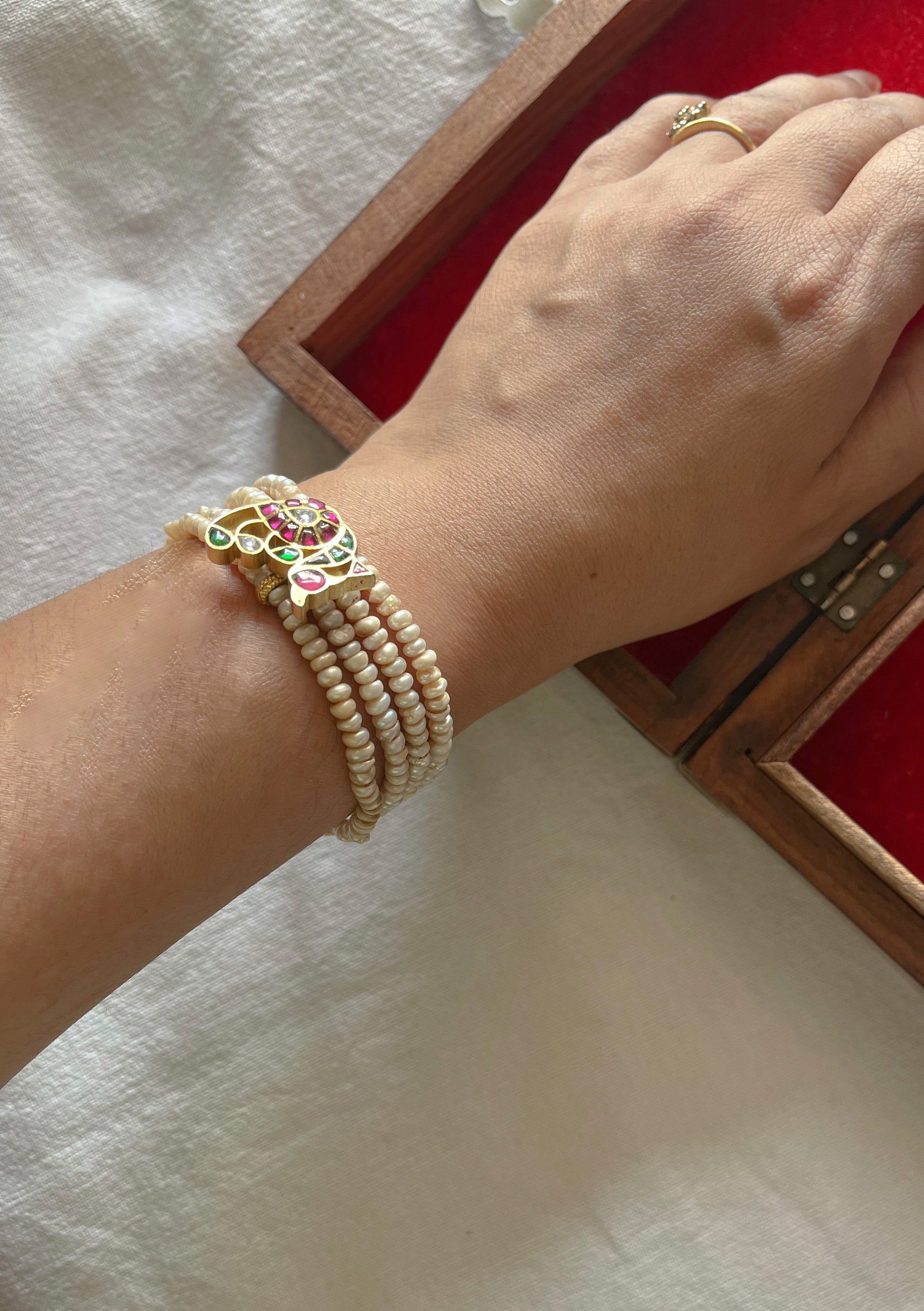 Rajwadi Jadau Silver Pearl Bracelet