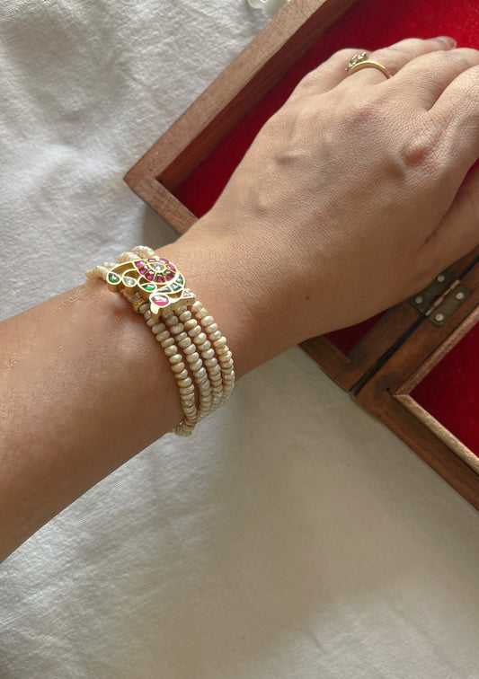 Rajwadi Jadau Silver Pearl Bracelet